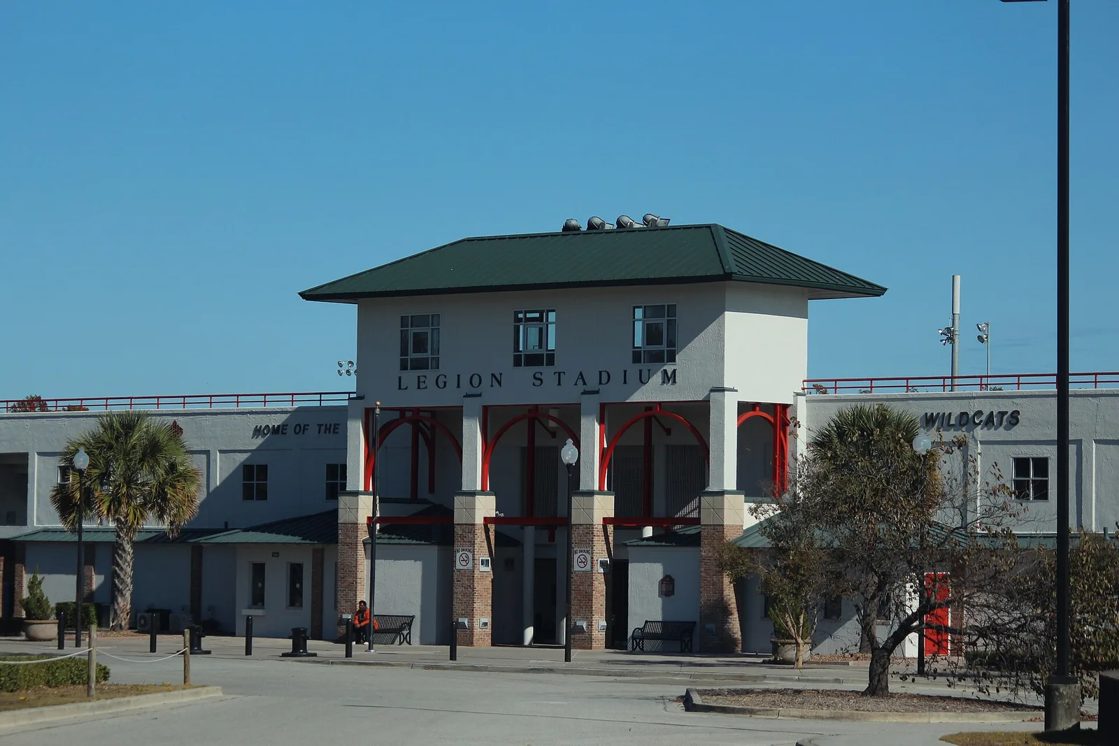 The front of Legion Stadium in Wilmington, marked Home of the Wildcats