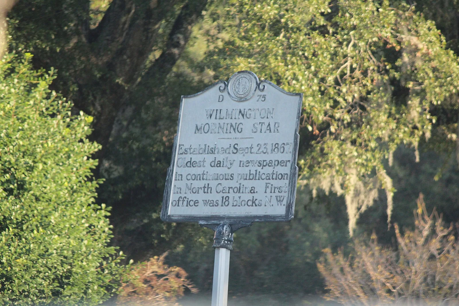 The North Carolina historical marker for the Wilmington Morning Star, now the StarNews, in Wilmington