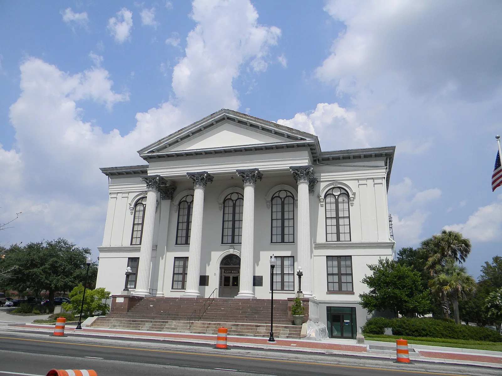 The columned front of the historic City Hall-Thalian Hall building on North Third Street in Wilmington